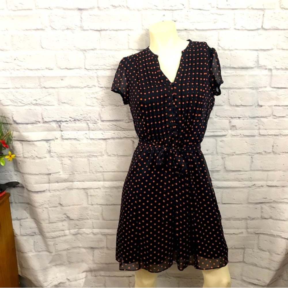 Navy w/ Coral Polkadot Lined Dress Size 8